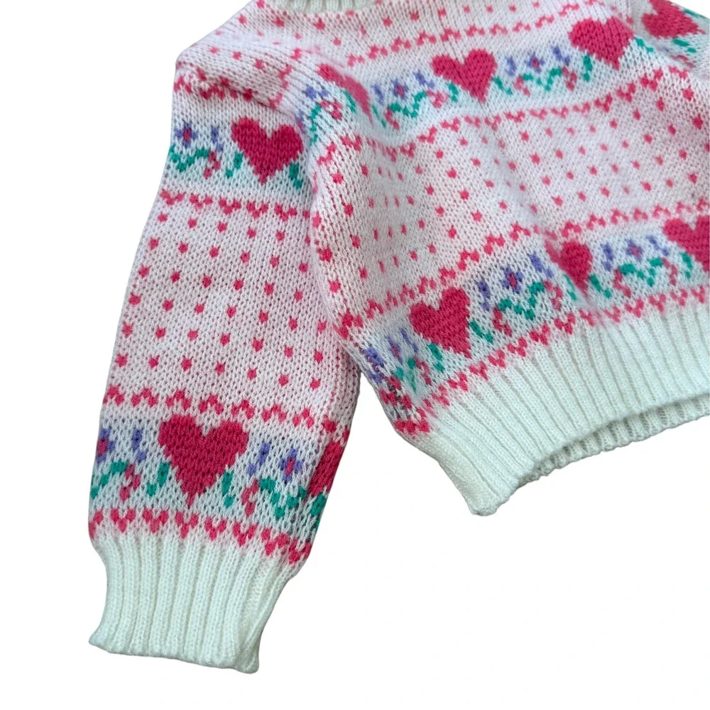 Vintage Baby Fair Heart Floral Fair Isle Turtleneck Sweater 18 Months Pink White